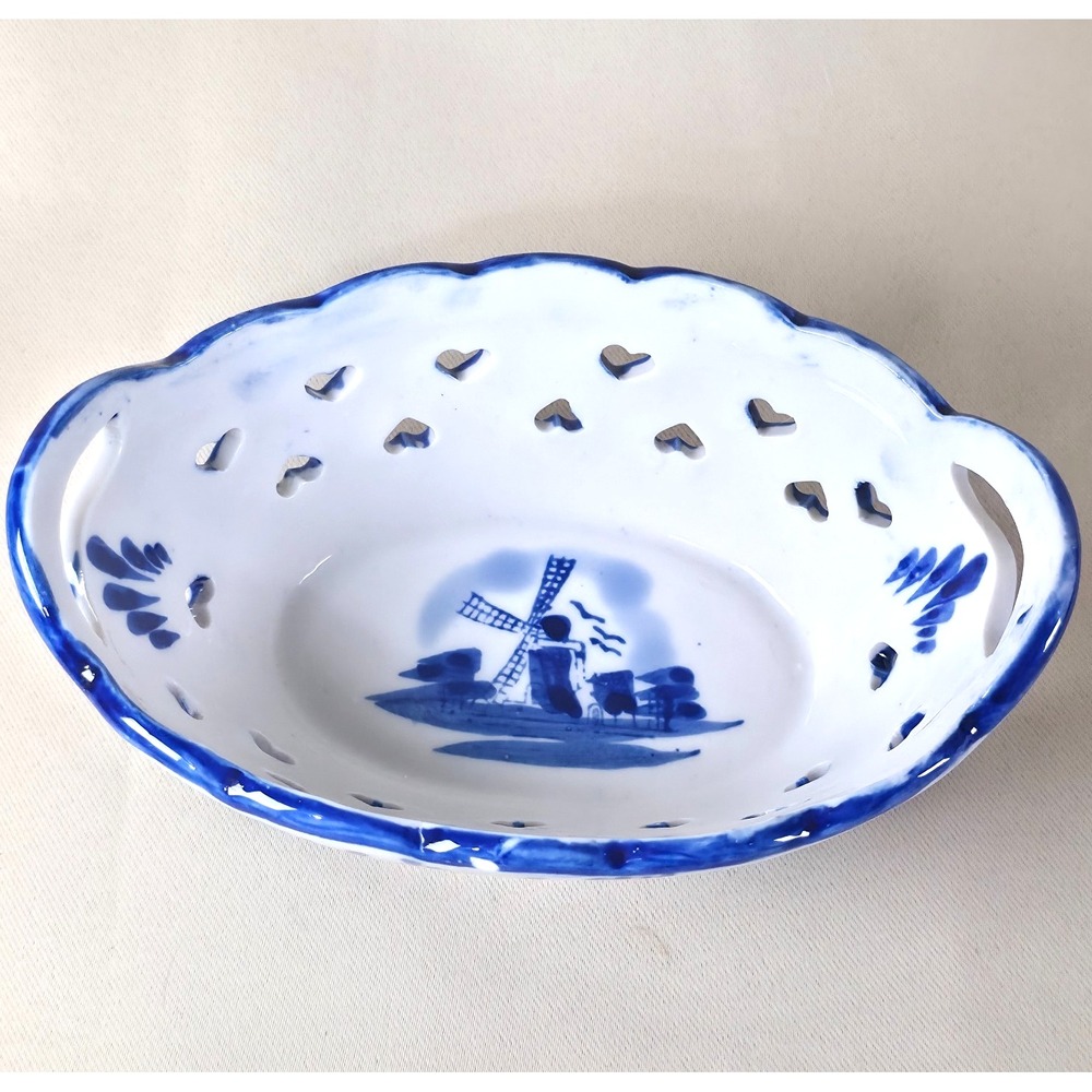 Vintage Delft Style Blue White Ceramic Basket Windmill Punched Hearts Hand Paint
